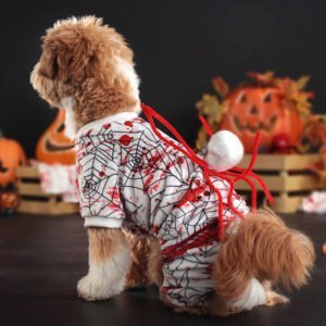 dog wearing bloody spider sleeves